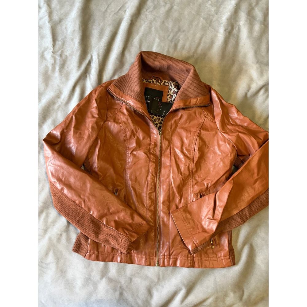 Therapy Petite Cognac Faux Leather Mixed Media Jacket Leopard Lining PL